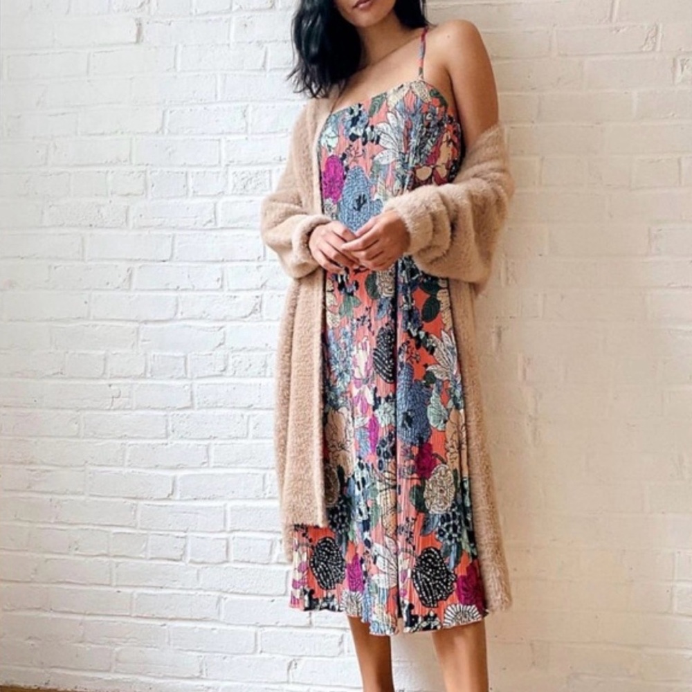 Anthropologie Floral Multi-Color Pleated Midi Slip Dress